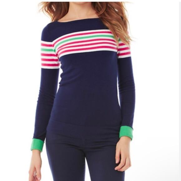 Lilly Pulitzer Maria Boatneck Sweater Navy Blue Worth Pink White Stripe sz XS - Picture 1 of 10